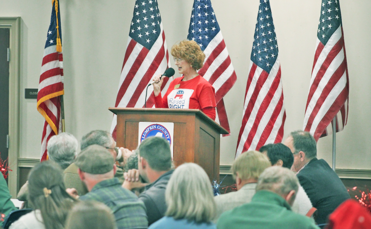 Lumpkin County Republican Party Chair Katherine James addresses the crowd during a recent nonpartisan candidate debate held at Parks & Rec.