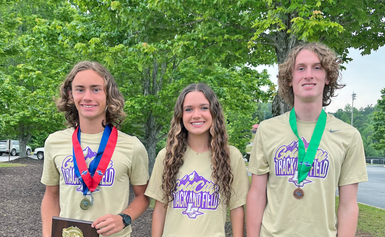 The State Finalist trio of Wyatt Windham, Keli George, and Ben Sherrilll show off their newly-earned hardware from the GHSA track State Meet.