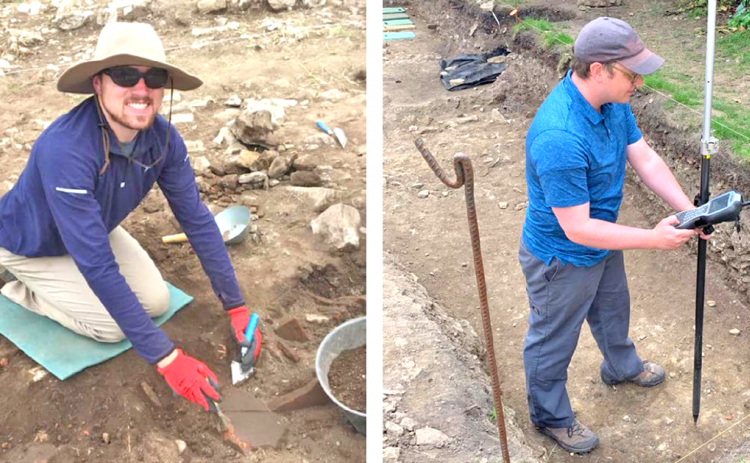 LEFT: Brendan Harris excavates at Roman Doclea in Montenegro. RIGHT: David Grogan uses electronic mapping gear on the site of Roman-era Lincoln, England.