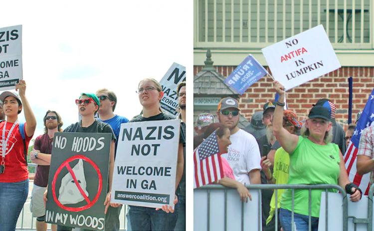 The pair of downtown demonstrations brought normal business on the square to a halt on Saturday. LEFT, counter protesters held anti-fascism demonstrations on the west end of the square. RIGHT, on the opposite end of the square a crowd gathered for what was billed as a pro-Trump rally.