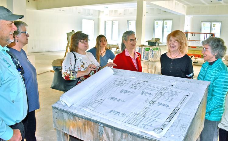 Library Board members and Friends of the Library (FOL) toured the nearly completed building that will house Lumpkin County’s new library in the spring. From left are construction superintendent Robby Robinson; Library Board member Kaye Campagnoli; Regional Library Director Leslie Clark and her daughter, Kristen James; board member Laura LaTourette; and FOL members Arienne Wallace and Elsa Ann Gaines. Not pictured are FOL’s Ken Rice and Chairman Ken Smoke.