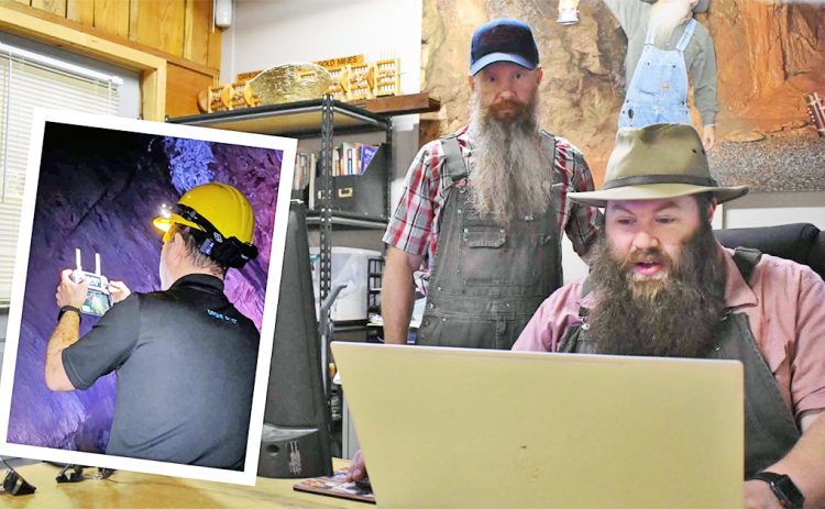 Consolidated Gold Mine manager Dathan Harbert (right) and gold miner Jamie Shedd review drone video on the computer.  (Right) Nir Pe’er of Inspired Intelligence controls a drone that is flying through previously unmapped Consolidated Gold Mine tunnels to create never-before seen maps.