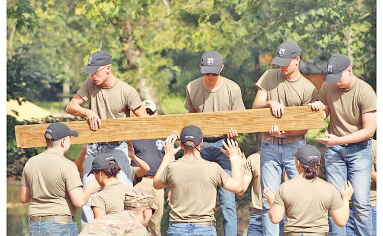 New University of North Georgia cadets get an intense lesson in teamwork while joining forces at the Pine Valley Outdoor Recreational Facility during FROG (Freshmen Recruit Orientation Group) Week.