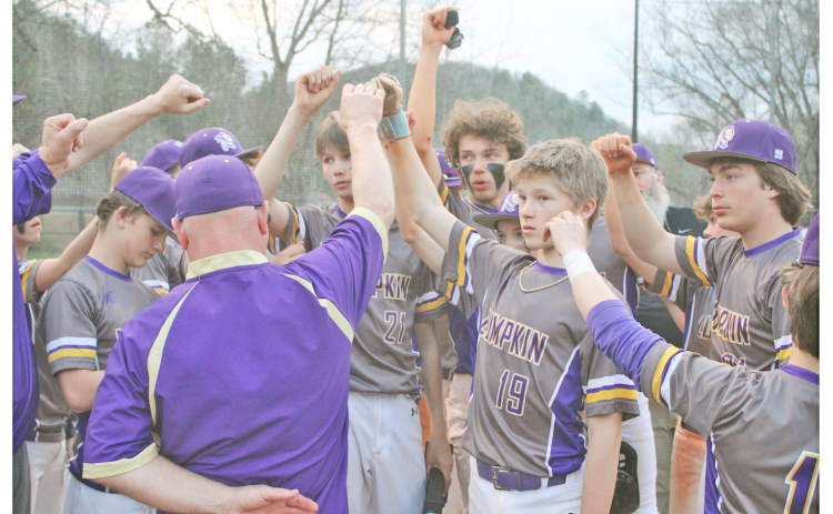The LCMS baseball team rallies together following the conclusion of the championship game.