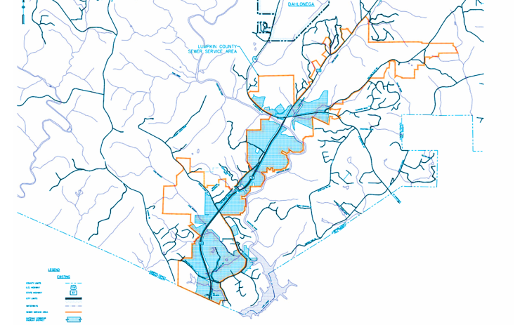 A proposed Watershed Protection Area depicts the 400 Corridor shaded in light blue. Bodies of water in the overlapping “Minimum Sewer Service Area” must be monitored to comply with permitting requirements for the Cane Branch Wastewater Treatment Plant.