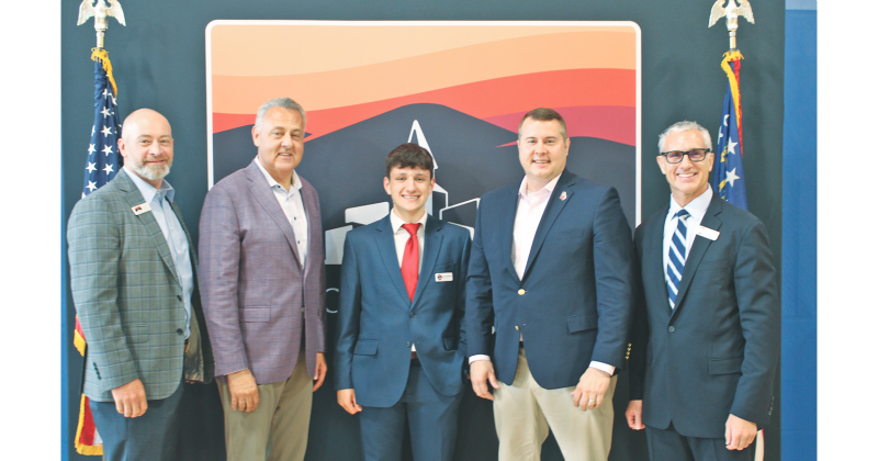 Pictured at the 2026 State of the State luncheon (from left) are Dahlonega-Lumpkin County Chamber of Commerce Board Chair Wes Chambers, State Sen. Steve Gooch, Davis MacEntyre, State Rep. Will Wade and Chamber Executive Director Robb Nichols.