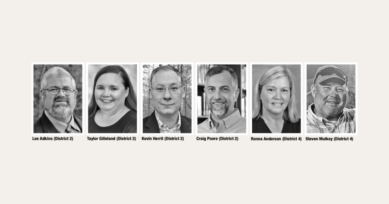 For the School Board District 2 seat, Lee Adkins, Taylor Gilleland and Kevin Herrit are challenging incumbent Craig Poore. For the District 4 seat, Ronna Anderson is facing Steven Mulkey.