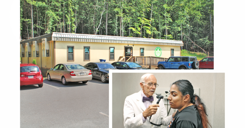 ABOVE: The parking lot of the Anne Green Free Clinic at 75 Rockhouse Road stays filled with patient vehicles during opening hours.  BELOW: Dr. Gene Westmoreland, Medical Director at Community Helping Place’s Anne Green Free Clinic, performs a quick check-up on Khushi Manchanda in one of the clinic’s exam rooms.