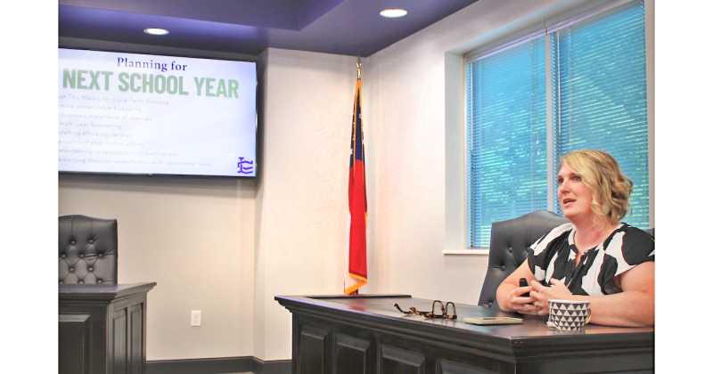 Lumpkin County Schools Finance Director Dr. Whittney McPherson delivers a presentation during the first of two FY ’27 budget review hearings held at the Central Office on Indian Drive. The second meeting will take place on June 15 at 4:30 p.m.
