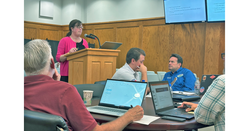 City Manager Allison Martin discusses the proposed 2026-2027 budget with members of the Dahlonega City Council.
