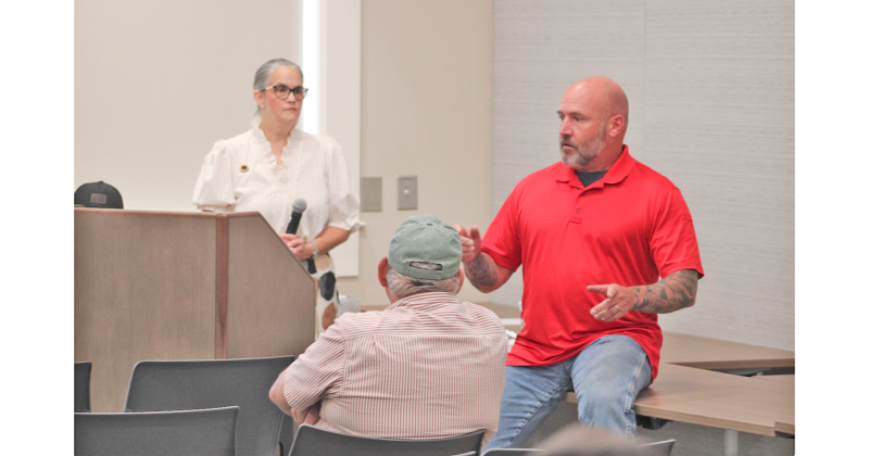 Matthew Cook said he didn’t disagree with the Sheriff’s remarks about the efficacy of the Flock camera system. “It’s a great tool, and he told you about the policies for how it’s supposed to be used. The problem is, ‘supposed to’ doesn’t always work,” Cook said, as townhall host Anita Anderson Spangler looked on.