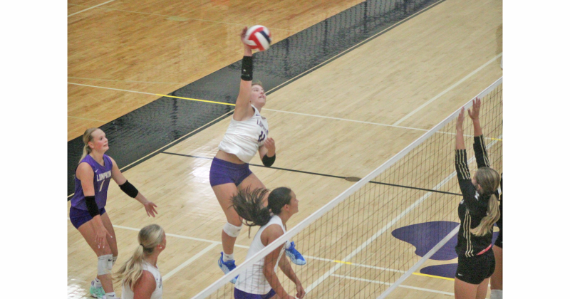 Lumpkin County’s Hadley Glenn goes up for a kill against East Hall.