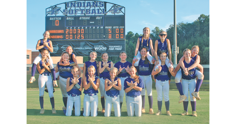 The Lady Indians celebrate their big walk-off win over White County on Eighth Grade Night.