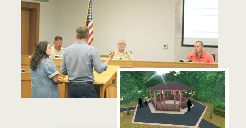 Pictured at left: Breedlove Land Planning Project Manager Laurel LaCroix and Principal Landscape Architect Alan Wieczynski present the latest revisions to a planned Native American Park at the corner of Rock House Road and Hwy. 52 East.  Also pictured: a 3D SketchUp rendering depicts an open-air pavilion loosely modeled after a Cherokee Seven-Sided Council House. It would be constructed out of peeled lumber, with a synthetic cedar shake roof.