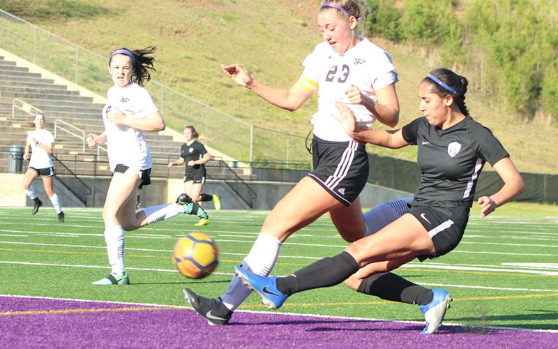 Striker Hope Kenney gets deep into North Forsyth territory on her way to her second goal in the Lady Indians’ 3-1 victory over the Lady Raiders last week. Kenney broke the program’s  single-season scoring record with 33 goals and eight assists in the 2019 regular season.