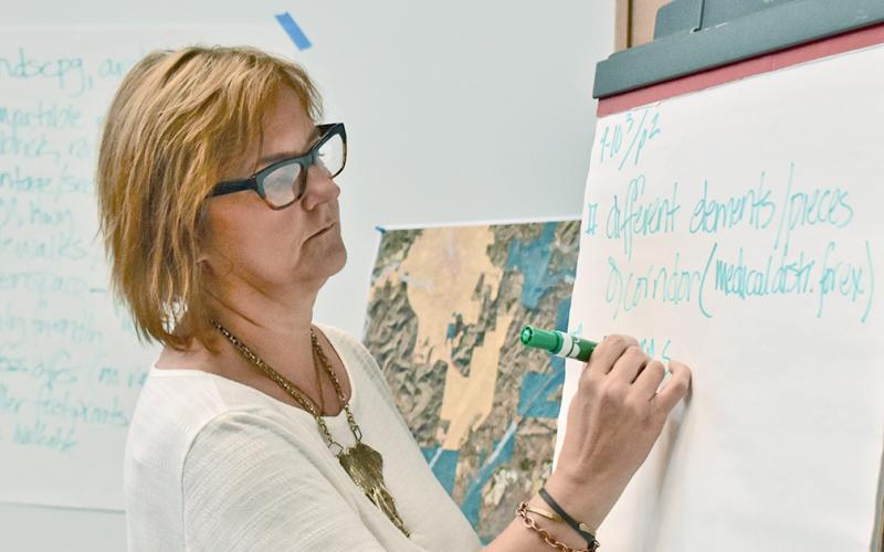 Chrissy Marlowe with the Carl Vinson Institute of Government makes notes of what Lumpkin Countians want to see on the 400/60 corridor during last week’s Stakeholders Meeting.