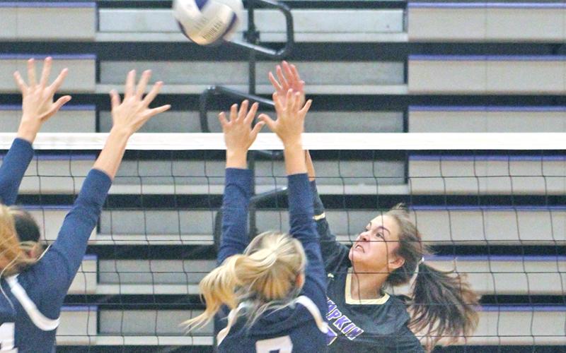 Lady Indians freshman Mary Mullinax gets aggressive at the net for a kill versus West Hall at the Longhouse at the LCHS gymnasium last week.