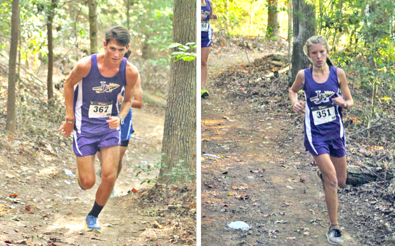 LEFT: Kyle Trammell makes his way uphill on a grueling course at the Indian Invitational. Trammell led the Indians with a fifth place overall finish. RIGHT: Abbie Hilchie makes her way through a difficult part of the course on her way to a first place finish at the Indian Invitational.