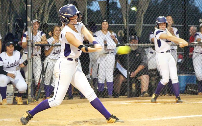 Senior Evee Dornhecer connects for a base hit during the Lady Indians’ State Champion-ship tournament run.