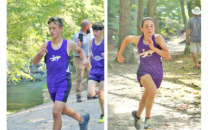 LEFT: Wyatt Windham runs over the bridge at Meeks Park during the Mountain League Championship Meet. RIGHT: Ryann Jones picks up the pace on the final stretch of the Mountain League Championship.