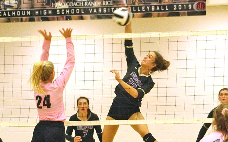 Freshman Mary Mullinax gets up high for a powerful spike during the Lady Indians’ State Playoff match versus Calhoun.
