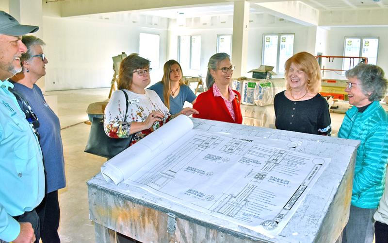 Library Board members and Friends of the Library (FOL) toured the nearly completed building that will house Lumpkin County’s new library in the spring. From left are construction superintendent Robby Robinson; Library Board member Kaye Campagnoli; Regional Library Director Leslie Clark and her daughter, Kristen James; board member Laura LaTourette; and FOL members Arienne Wallace and Elsa Ann Gaines. Not pictured are FOL’s Ken Rice and Chairman Ken Smoke.