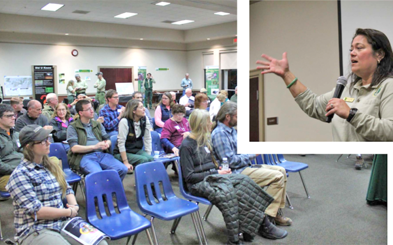 RIGHT: Betty Jewett, Forest Supervisor for the Chattahoochee-Oconee National Forests and Responsible Official for the Foothills Landscape Project, is well aware of the impact she will have on the area through this project. “I know that the decisions I make here affect all of you guys and I take that into consideration very strongly,” Jewett said during Thursday’s meeting. LEFT: The people of Lumpkin County got their chance to discuss the findings of the Foothills Landscape Project’s environmental assessment