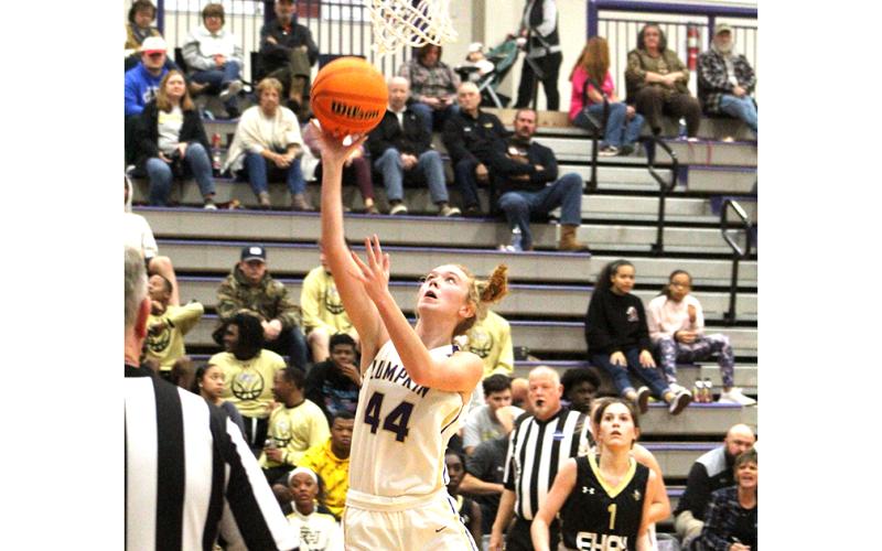 Senior center Madisyn Echols scores two of her six points in the Lady Indians’ loss to region foe East Hall last Friday night.