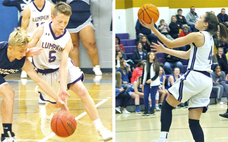 LEFT: Stephen Sherrill comes up with a steal during the first round of the Mountain League Championship tournament to start a Lumpkin fast break. RIGHT: Scoring sensation Averie Jones drives the lane for two of her 19 first half points against the Fannin County Lady Rebels in the semifinals of the Mountain League Championship tournament. Jones averaged 23.5 points per game for the Lady Indians during the tournament.