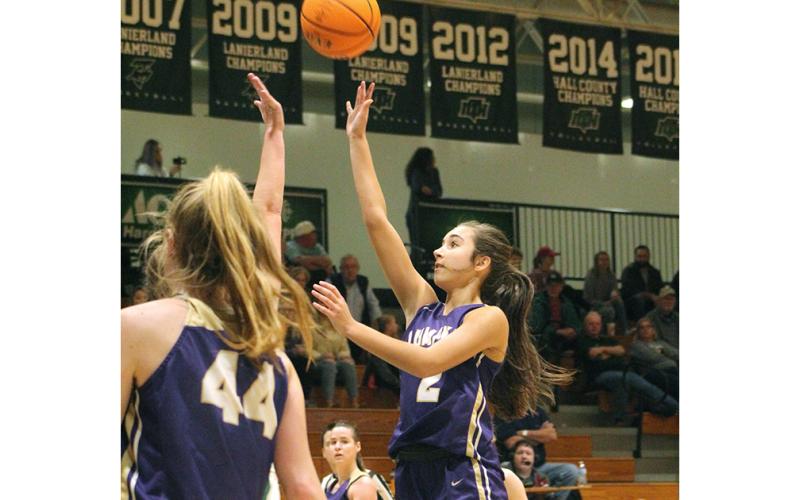 Point guard Isabel Davenport puts up a short jumper for two of her 26 points versus North Hall last week. The junior, who has been integral to the Lady Indians’ offense this season, is 80 points away from reaching the 1,000-point club.