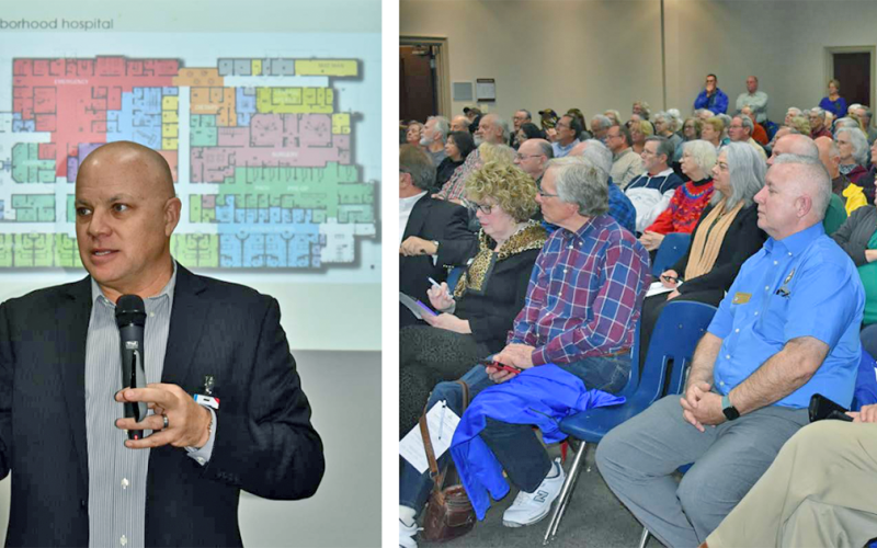 LEFT: Kevin Meek, Executive Vice President of Sitepoint Healthcare Partners, explained the concept of a “community hospital” to curious Lumpkin Countians during a forum on what the county’s new hospital will likely offer. New technology that could change the way people receive care was also discussed at the large gathering. RIGHT: Over 150 people attended last week’s forum on plans for the new North Georgia Medical Center Lumpkin campus at the Highway 400/60 intersection.