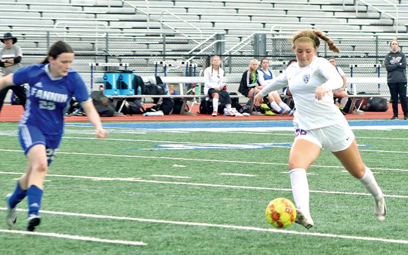 Midfielder Ashley Read takes a shot on goal versus the Fannin County Lady Rebels.