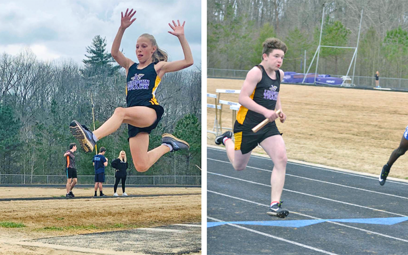LEFT: Lumpkin County Middle School’s Kathryn Christian flies through the air on her way to a first place finish in the Girls Long Jump during the LCMS track &amp; field team’s home meet at the high school. RIGHT: Lumpkin County runner Steven Yorkey turns on the jets on the final stretch to earn himself a first place finish in the Boys 100 meter dash.