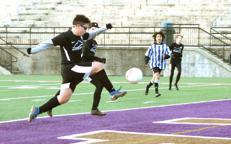 Jose Lopez boots a sensational midair volley into the upper righthand of the goal versus the Fannin County Rebels. The goal was one of two for Lopez in the 10-0 victory.
