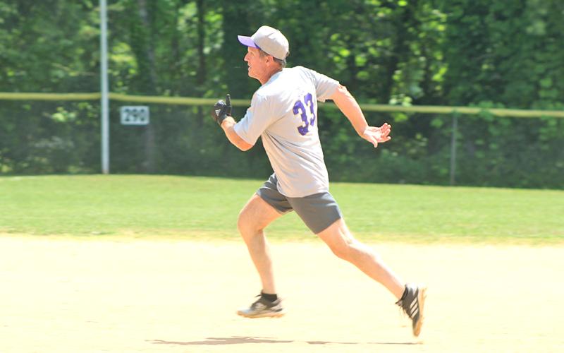 Miners newcomer Greg “Golden Boy” Lewis races toward third base for a lead-off triple versus the Relics. Lewis finished game two of the doubleheader 3-for-3 at the plate.