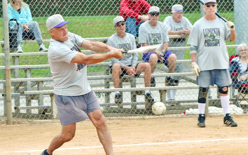 LC Miner infielder Vince “Atta Boy” Adams connects for a leadoff single versus the Rabun Relics in Lumpkin’s 2020 Clayton League season opener last week.