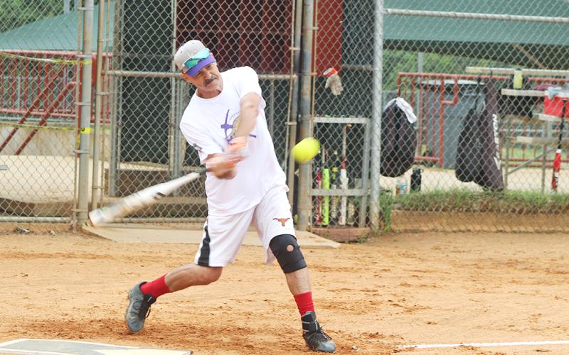 LC Miners player “Hammering” Harvey Schmedlapp smashes a pitch to the gap for a triple during a Clayton League doubleheader versus the Dahlonega Gold. Schmedlapp finished the day 7-for-7 at the plate with seven runs scored and seven runs batted in with three doubles and two triples.