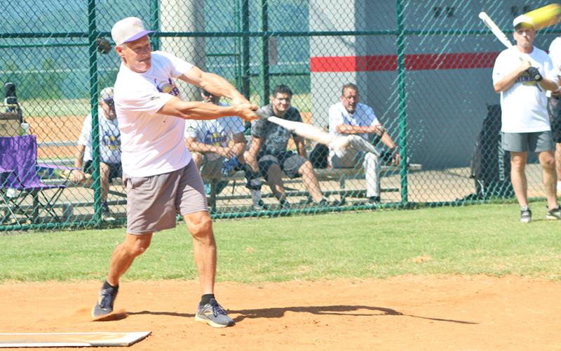 LC Miners infielder “In” Vince “Able” Adams blasts a pitch over the fence for a home run against the Franklin Old Bones. Adams had a perfect day at the plate, going 7-for-7 with eight RBIs in the lead-off spot for the Miners.