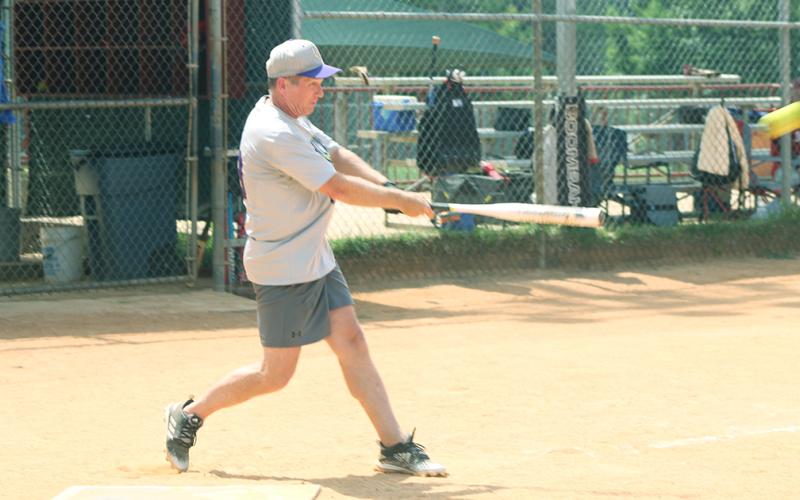 LC Miner outfielder Greg “Golden Boy” Lewis burns the Rabun outfielders with a hit to the gap for a two-run, inside-the-park home run against the Relics on August 19.
