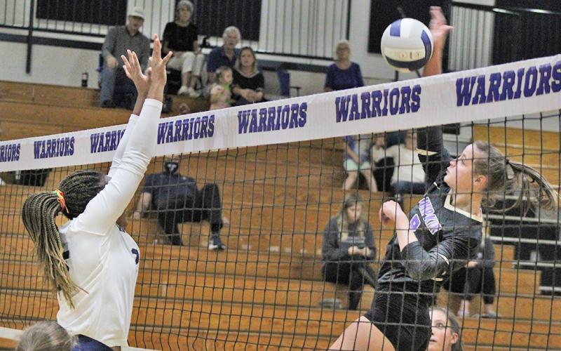 The heart and soul of this year’s volleyball team, MaKenzie Caldwell goes up for a spike during Wednesday’s match against White County. Caldwell’s play consistently brings energy to her squad.
