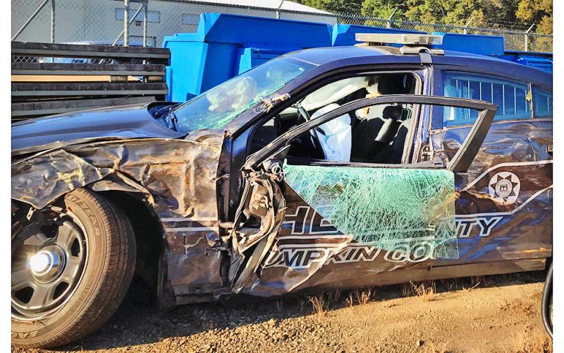 A Lumpkin County Sheriff’s Office patrol car was taken down by a pothole during the pursuit of a suspect last week. Fortunately the deputy behind the wheel was unharmed.