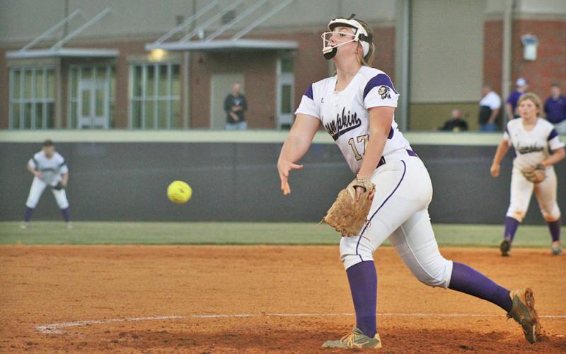 Natalie Shubert comes on in relief to pitch during Game 2 of Lumpkin’s first round state playoff matchup with Rockmart.