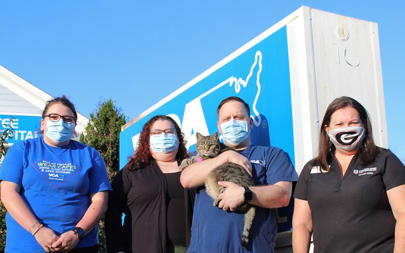 Lumpkin County 4-H is putting on a fundraiser with help from VCA Chestatee Animal Hospital, this Saturday, Oct. 31, as they host a Rabies Clinic at the middle school. Pictured (from left) VCA Chestatee Animal Hospital's Michaela Letson, Melissa Jordan, Kevin Liszak and Ashley the cat, along with Chesley Davis of Lumpkin County 4-H.