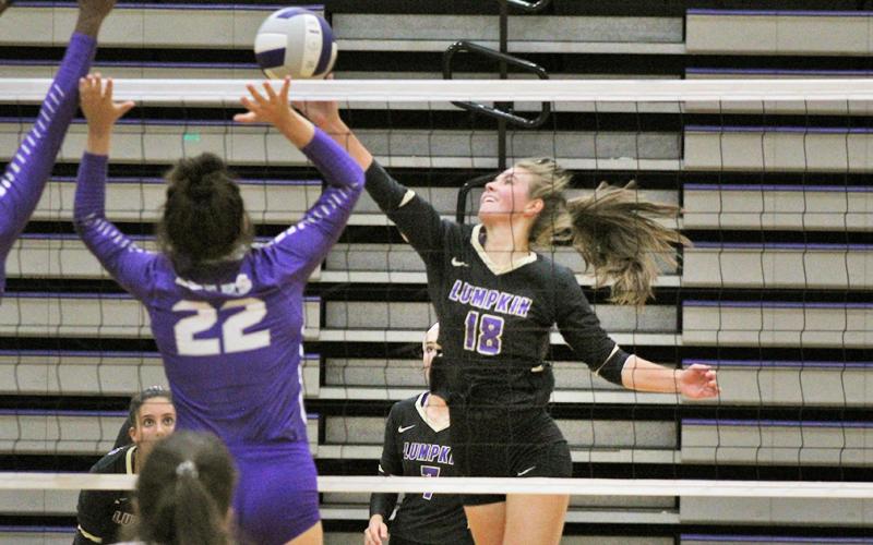 Lumpkin’s Victoria Crotzer makes a big hit versus a Cherokee Bluff opponent last week.