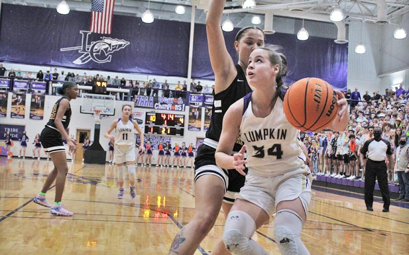 MaKenzie Caldwell works in the low post against the Cross Creek defender during Lumpkin’s Final Four matchup.