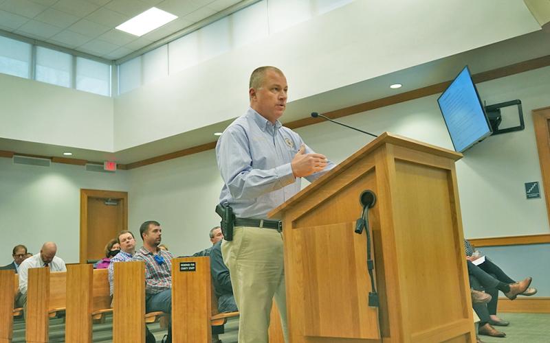 Lumpkin County Sheriff Stacy Jarrard speaks to the Lumpkin County Board of Commissioners meeting on March 16 about a proposed sound ordinance.