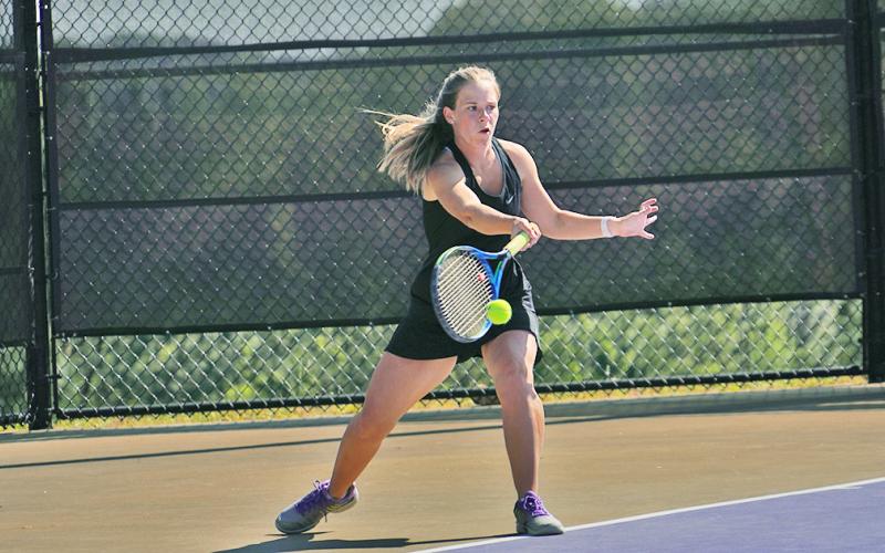 Cady Geddings sends a volley back over the net during the Indians’ Sweet 16 matchup with GAC on April 22. Lumpkin fell 3-0, ending an incredible 15-3 run.