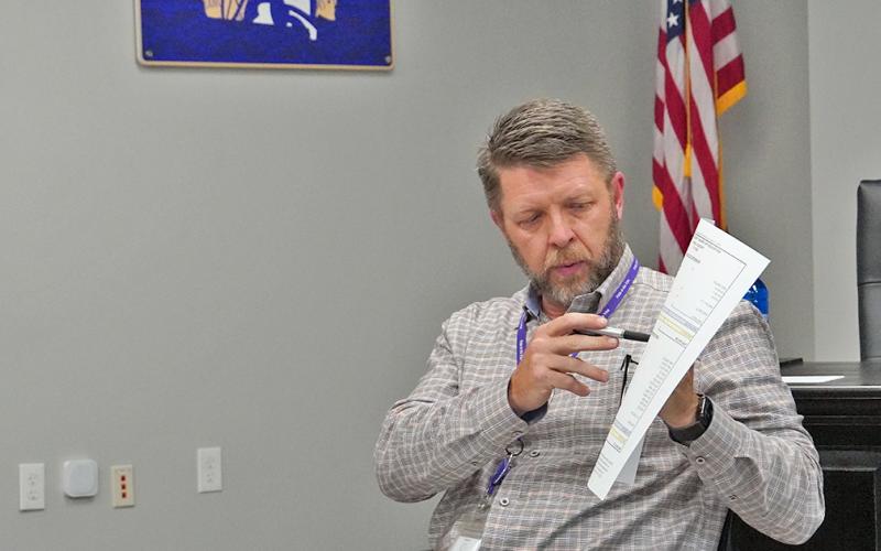 Lumpkin County Schools Chief Financial Officer Shannon Christian goes over the proposed 2022 budget during the school board's public hearing on Monday, June 21.