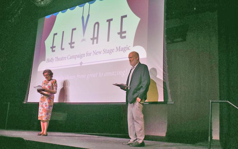 Board Chairman Ivana Pelnar-Zaiko (left) and Chairman Emeritus Hal Williams as they thank the Holly Theatre’s donors at the recent “Elevate” event. Over $20,000 was raised from the community to go towards renovations.