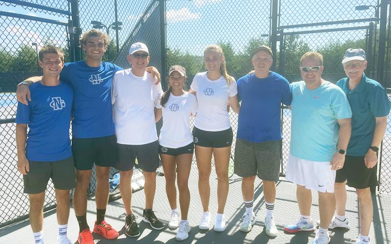 Winners in the men’s division at the UNG tennis pro-am are pictured along with players: Giulo Sassi, Daniel Ostap, Bryan Reynolds, Rafaella Villanueva, Angelina Linnikova, Al Hicks, Alan Walhausin and Ray Metzger.
